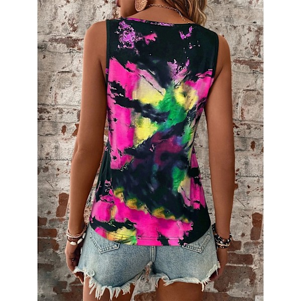 Dam V-ringad Tank Top Vacker Batik Lös Passform Sommar Ärmlös Väst för Vardagsbruk Rosröd M