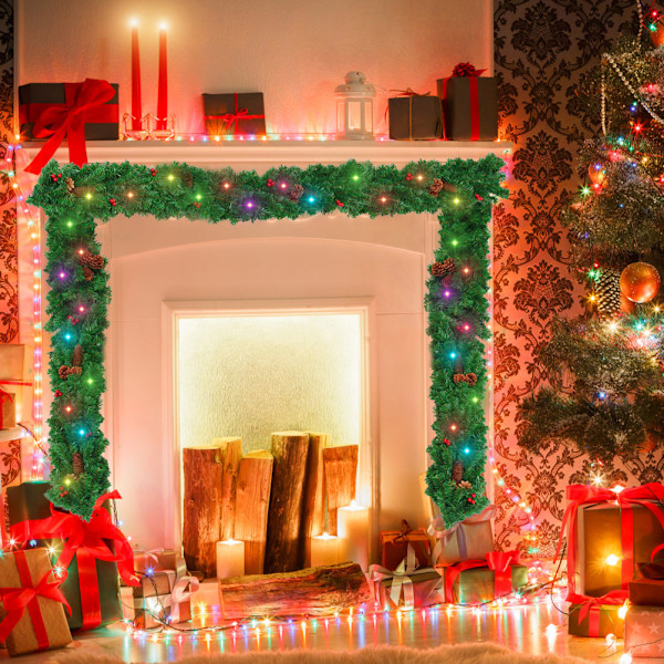 Klassisk julgirlang, förbelysta LED-lampor realistisk design med tallkottar och bär, dekoration för inomhus- och utomhusbruk, böjbar hållbar återanvändbar 270 cm