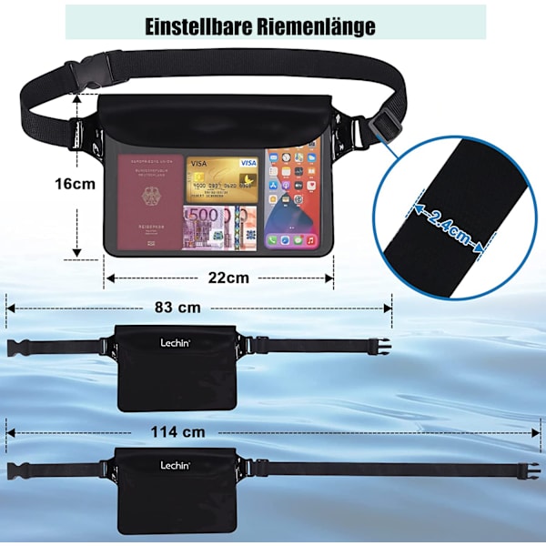 2-pack transparenta vattentäta påsar med justerbar vattentät väska, IP68 vattentät telefonväska, vattentät midjeväska för strand, vattensporter, simning,