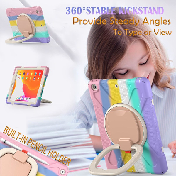Cover til iPad 10.2, 9. generation 2021 / 8. generation 2020 / 7. generation 2019, robust og stødabsorberende børnecover med skærmbeskytter, roterende stativ/blyant
