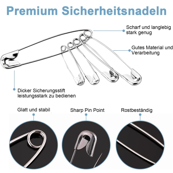 300 st säkerhetsnålar, mini metall säkerhetsnålar med förvaringslåda, 5 storlekar små stora säkerhetsnålar, 18 mm, 27 mm, 32 mm, 43 mm, 53 mm säkerhetsnålar för konsthantverk,