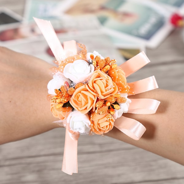 Bryllup Brud Brudepike Håndledds Corsage Fest Prom Dans Hånd Bånd Blomst #6 Oransje   Hvit