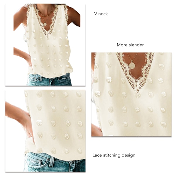 Dam Spets V-ringad Tanktopp Sommar Mode Prickig Jacquard Dam Sommar Ärmlös Blus Topp för Daglig Dejt Resa Fest Aprikos XXL