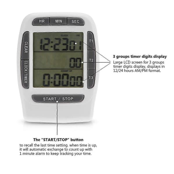 Bærbar Digital Trekanals Kjøkkentimer i ABS, LCD-timer, Nedtellingstimer