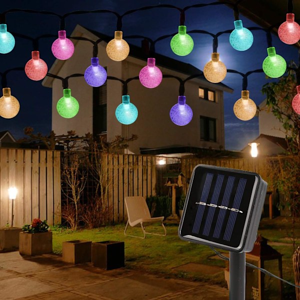 Drömska solcellsslingor, vattentäta IP65 12M 100 LED 8 lägen kristallkula älvljus med minneschip för trädgårds- och sovrumsinredning