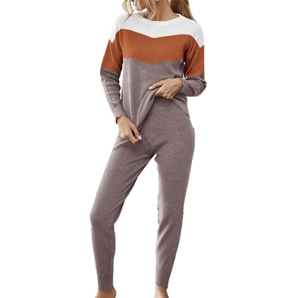 Rundhalsad Topp Byxor Loungewear 2 Delar Kontrastfärg Långärmad Midjeband Dam Casual Stickad Sovkläder Khaki S