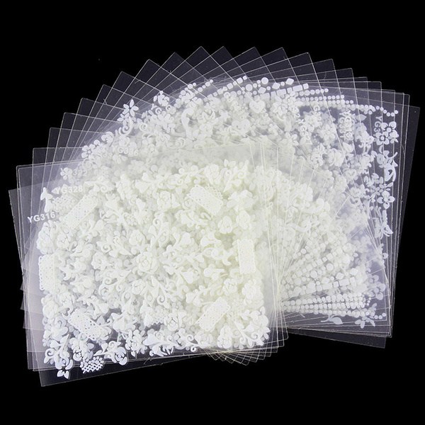 Vit Blommor Nageldekorationer Självhäftande Stickers 10 Ark