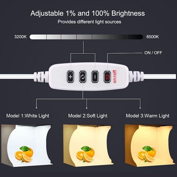 Bärbar Vikbar Mini Fotostudio med Utrymmesbesparande Design, Snabb Enkel Fotografering för Små Produkter, Justerbara LED-ljusremsor Säkerställer Hög