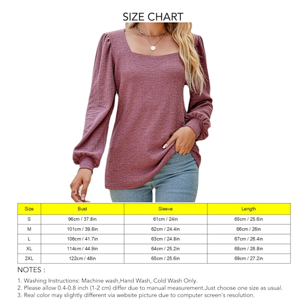 Dam Puffärm T-shirt Lös Enfärgad Skjorta Kvinnlig Långärmad Casual Topp Tegelröd L