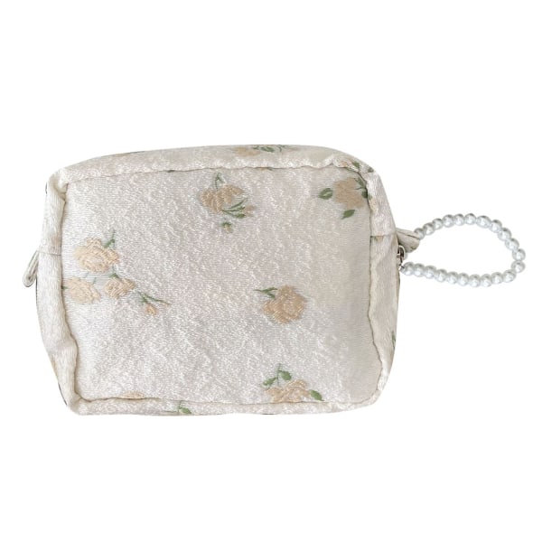 Cosmetic Bag with Pearl Pendant Portable Zipper Makeup Bag Multifunction Fashionable Casual Make Up Pouch Beige Apricot Floral