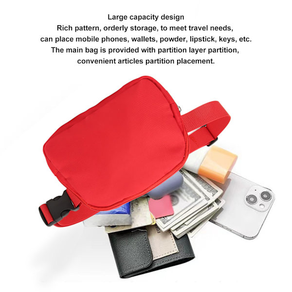 Nylon Fanny Pack med dragkedjefickor Justerbart bälte Vattentät Fashion midjeväska för kvinnor Vuxna