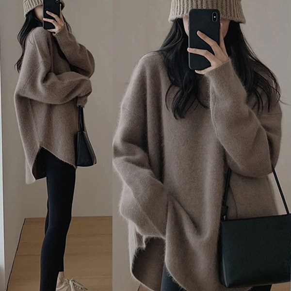 Enfärgad stickad tröja för damer, höst och vinter, förtjockad design, nisch, lös, lat stil, ytterkläder