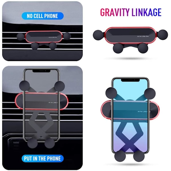 Gravitationsbilhållare för 4 till 6 tums smartphones, ventilationsfäste med automatiskt låsande armar för enhandsmanövrering, mycket kompatibel med iPhones, Samsung,