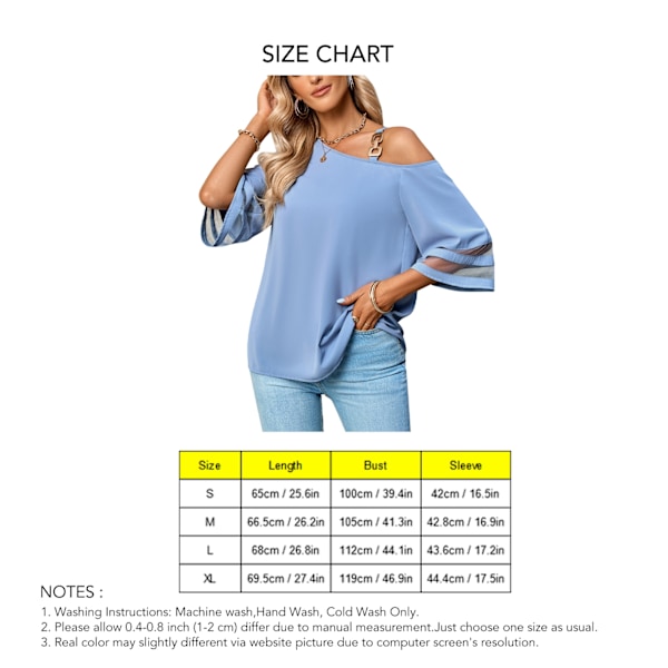 Dam En Axel Blus 3/4 Mesh Panel Ärm Enfärgad Casual Metallrem Blus Topp för Vår Sommar Blå Grå XL