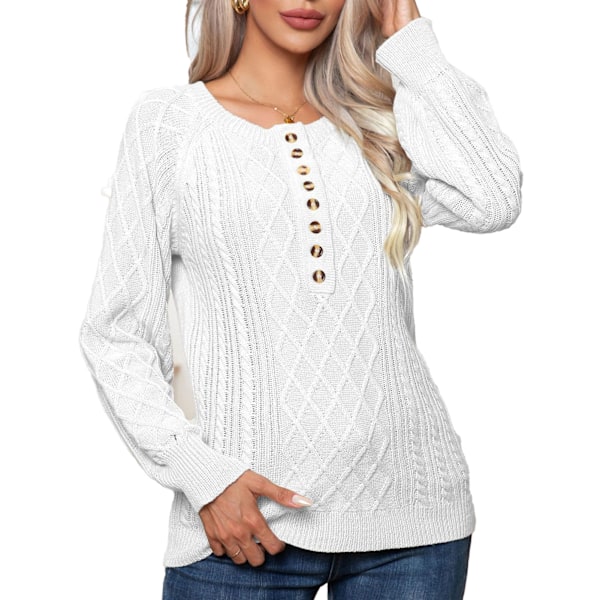 Dam Pullover Kabelstickad Tröja Knapp Fram Långärmad Rund Hals Höst Stickad Tröja Vit S