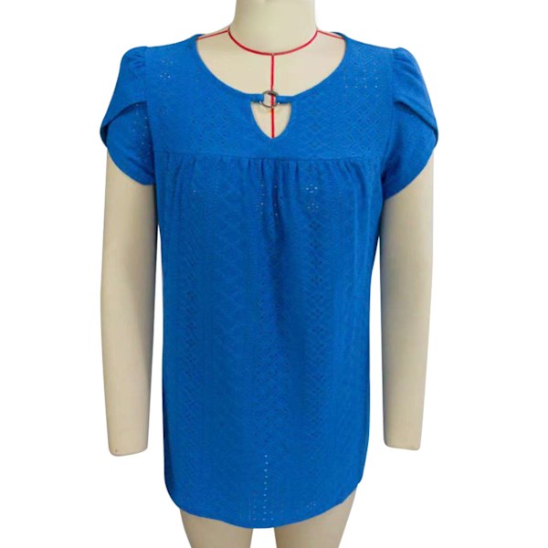 Sommar T-shirt för Kvinnor Korta Blomblad Ärmar Byst Veckad Ihåliga Hål Tyg Enfärgad Casual Blusar Kungsblå XL