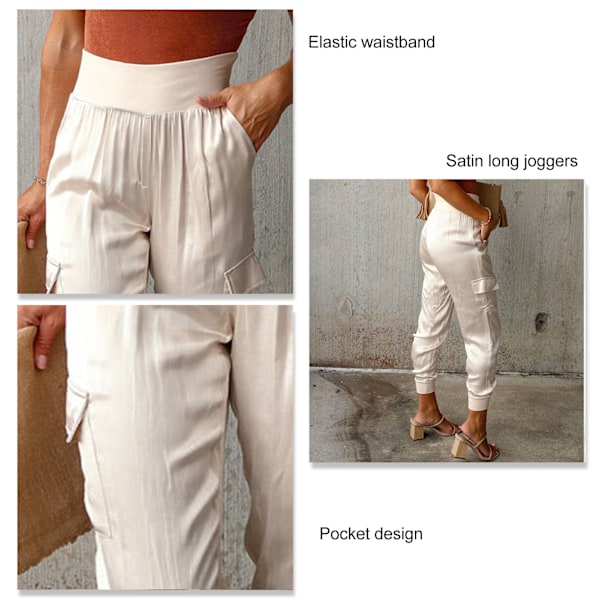 Satinjoggers för damer, elastisk hög midja, flera fickor, avslappnade avsmalnande ankelbyxor