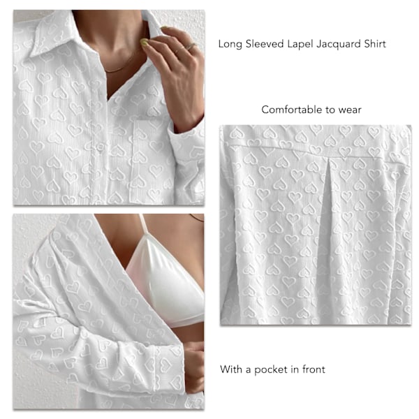 Dam Blus Knapp Långärmad Kavaj Jacquard Elegant Enfärgad Skjorta med Fickor Vit S