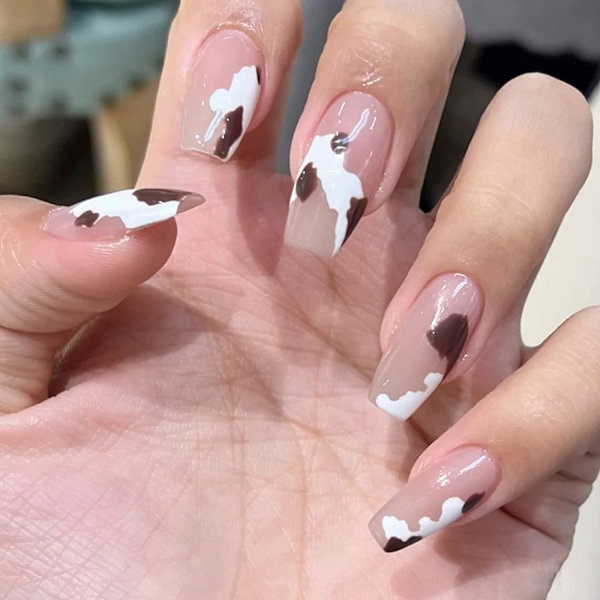 Medium Square Fake Nails Brun Ku Trykk på Negler Graffiti Lim