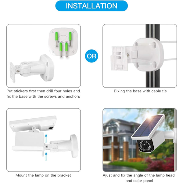 Simulerat säkerhetssystem, solcellsdriven attrappkamera, rörelsesensorlampa för inom- och utomhusbruk, energibesparande, enkel installation, 360 grader