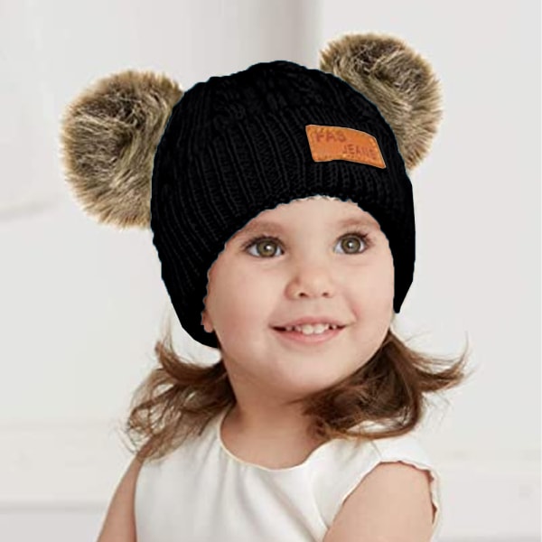 Toddler Hat, Färg Vinter Dubbel Pom Pom Stickad Cap