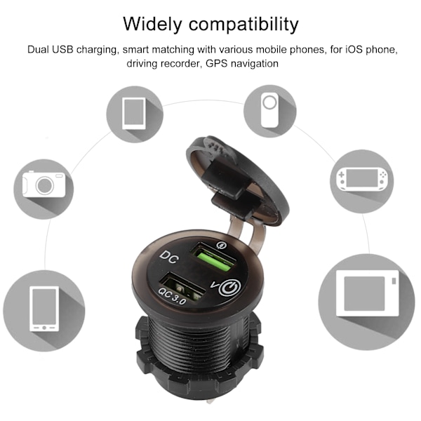 Dobbel USB-port lader QC 3.0 Hurtiglading Vanntett med LED Voltmeter for Bil Båt Yacht ATV RV Grønt LED-lys