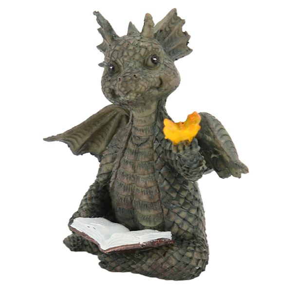 Baby Dragon Läser Bok Staty Vattentät Vacker Hållbar Harts Drakskulptur för Trädgård Vägg Kontor