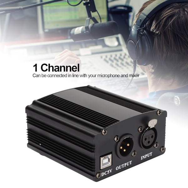 48V Phantom Power Supply 1-kanals kondensatormikrofon strømforsyning med XLR 3-bens kabel og USB-kabel