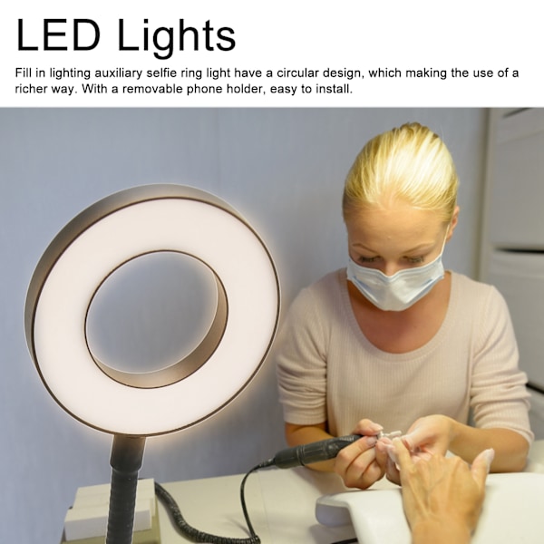 Selfie Ring Light 10 nivåer lysstyrke 3 lysfarger 5000K LED kamera ringlys for salong sminke svart