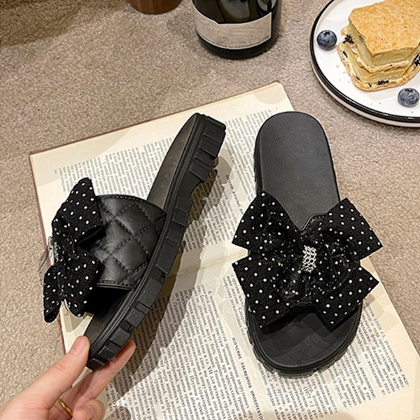 Dam Bow Tie Sandaler Mode Halkfria Bekväma Andningsbara Damtofflor för Sommar Svart 38‑39
