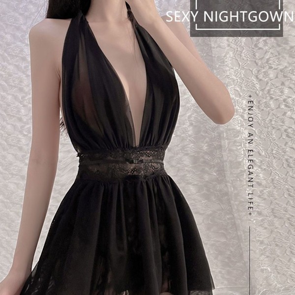 Dam Spets Djup V-ringad Nattlinne Transparent Mesh Genomskinlig Rygglös Loungewear Sov Lingerie