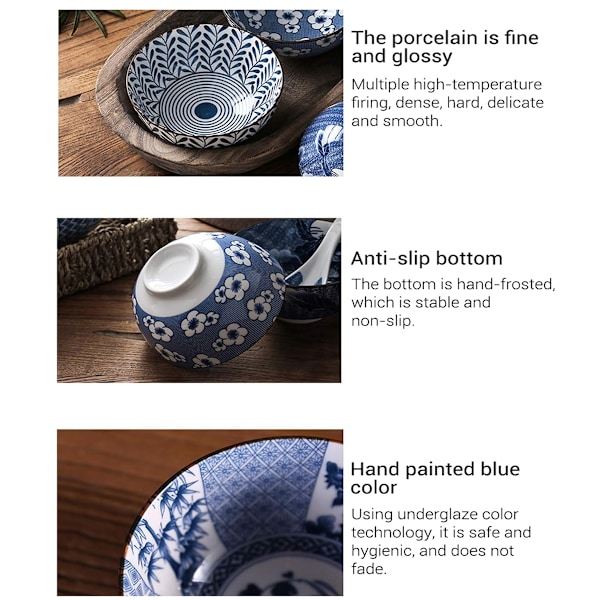 1 Set Keramiska Skålar, Japansk Stil Risskålar, Förtjockande Blå och vit porslinsskålar, Flingor Skålar för Kök, Lämplig för mikrovågsugn, ugnar, Style 2