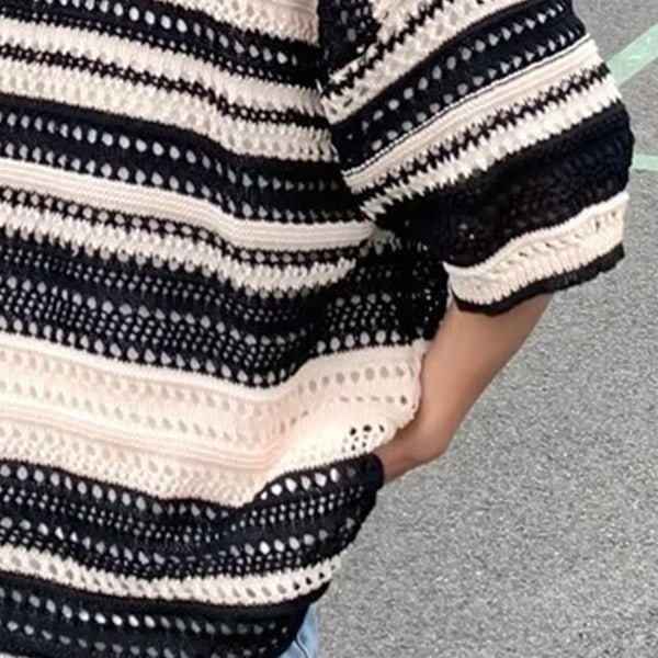 Herr Hollow Stickad Skjorta Knapp Fram Nedhasad Axel Kort Ärm Man Färgstark Randig Stickad Skjorta för Herrar Svart 2XL