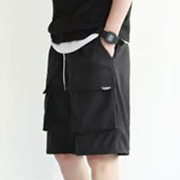 Herr Sommarshorts Multipla Fickor Dragsko Knälång Lös Passform Trendiga Casual Strandshorts Svart XL