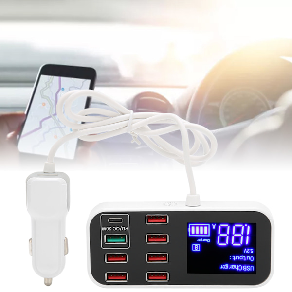 Biloplader Multi USB-opladningsstation 8 Port Hurtig PD QC 3.0 Type C Port Telefonhub med LCD-skærm