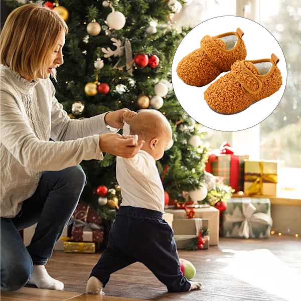 1 par Unisex Barn Toddler Tofflor Strumpor, Konstgjorda Ulltofflor med Halkfri Gummisula (Inre längd 12.5cm) brown 12.5cm