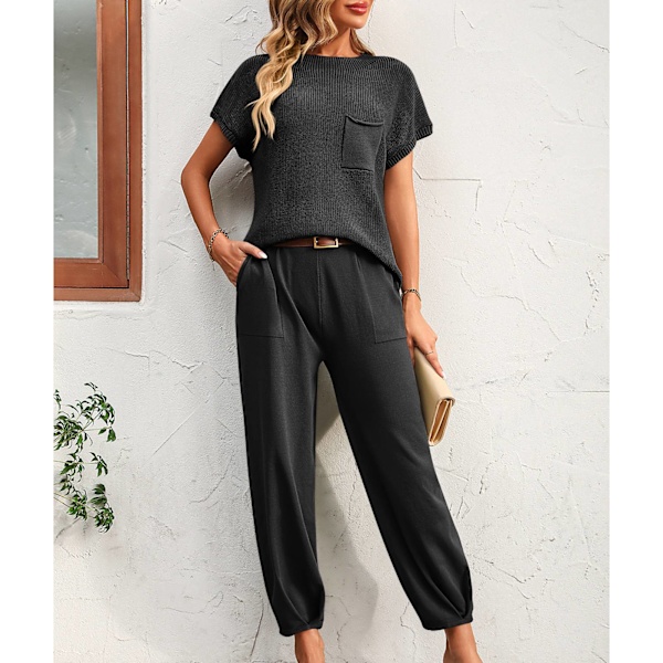 Dam Tvådelade Set Kortärmad Tröja Stickad Pullover Topp Avsmalnande Byxor Lounge Set Svart M