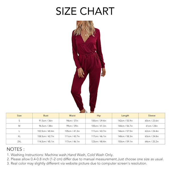 Long Sleeve Pants Jumpsuit Slim Lace Up V Neck Polyester Fashion Casual Women's Clothing Wine Red XXL