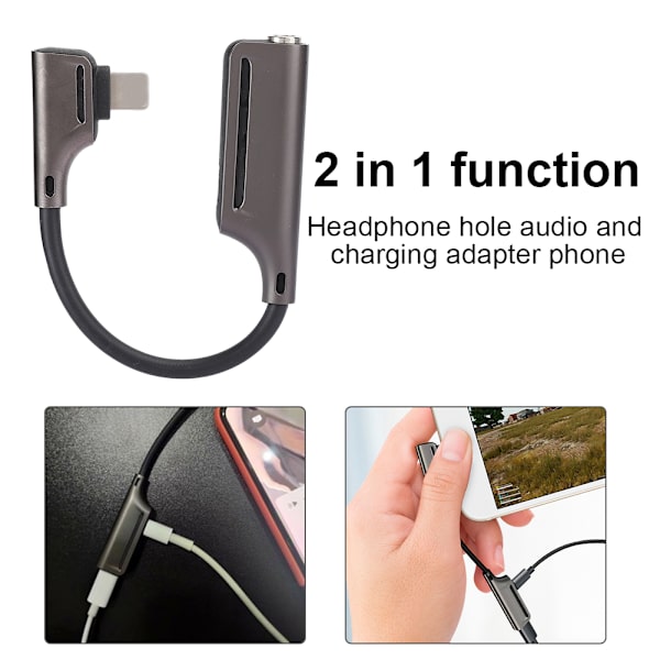 2 in 1 -kuulokkeiden lataussovitin, alumiiniseosliitin, Plug and Play, 3,5 mm:n kuulokeliitäntä IOS:lle, musta