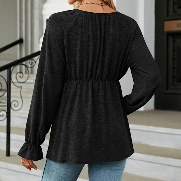 Dam Långärmad Blus Rund Hals Enfärgad Midjesmickrande Slimmad Casual Bekväm Topp för Shopping Dejting Kontor Svart M