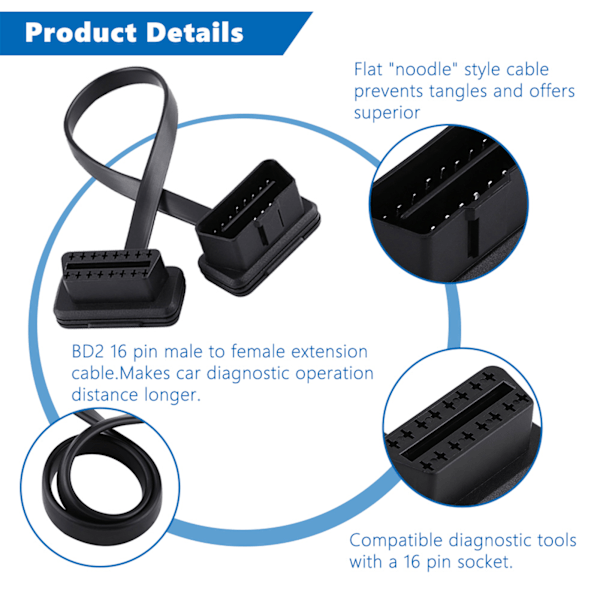 Auton OBD2-jatkokaapeli, 16-pin uros-naaras, 60 cm/24 tuumaa