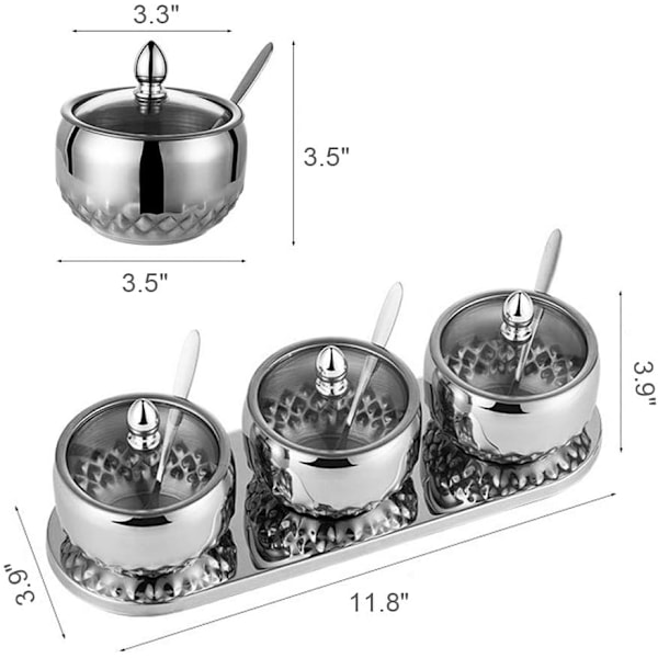 Modern Multipurpose Behållarset, Satinpolerad Spegelfinish Rostfria Kryddburkar, Halkfri Bricka för Säker Användning (3-Delars Set i Silver)