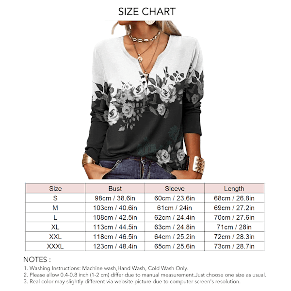 Dam Casual Topp Skårad Hals Långärmad Tryck Trendig Elegant Casual Passform Blus Svart XL