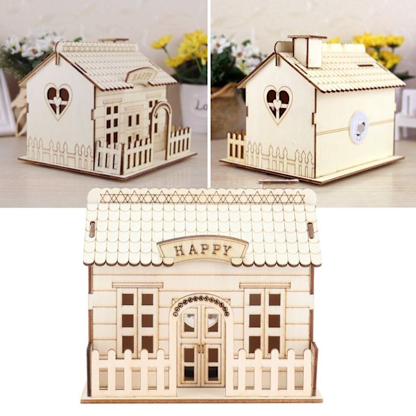 Trähus Spargris Pengar Box med LED-ljus Heminredning Barn Present