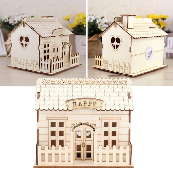 Wooden Villa House Piggy Bank Money Box with LED Light Home Decoration Children Gift