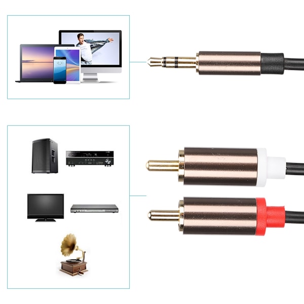 Lydlinjehøyttalerkabel datamaskin subwooferkabel telefontilbehør 2-i-1 3,5 mm hann til 2RCA