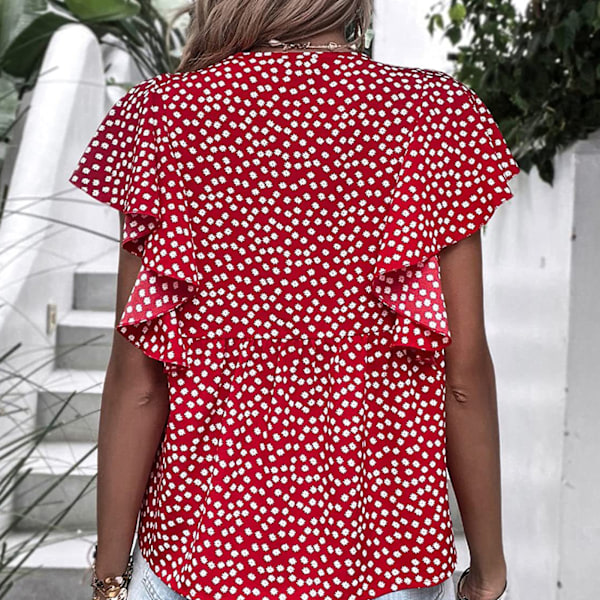 Volang Kortärmad Blus Blommig Tryckt Casual Figursydd V-ringning Volangärm Blus för Kvinnor Sommar Vinröd XXL