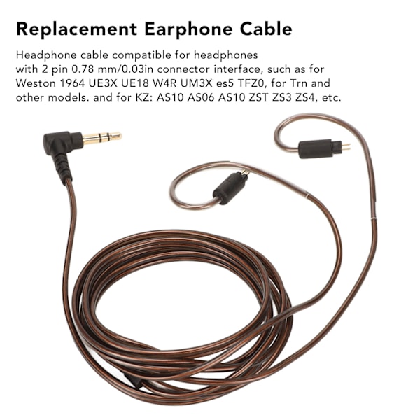 Ersättningskabel för hörlurar med mikrofon till AS06 AS10 ZST ZS3 ZS4 ZS5 ZS6 hörlurar med 2-stifts 0,78 mm kontaktdon