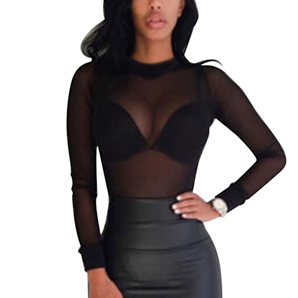 Dam Långärmad Mesh Topp Elegant Andningsbar Elastisk Slim Fit Genomskinlig Underdel Skjorta Blus