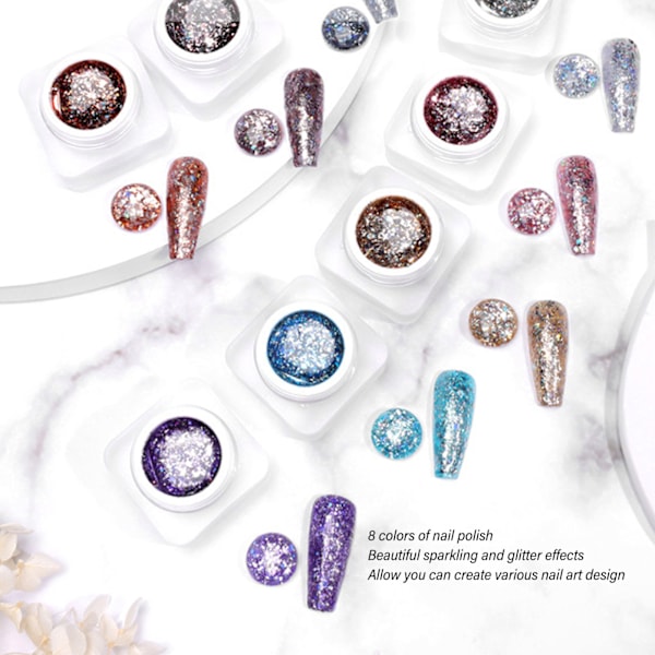 Nagellack lim set 8 färger glitter gnistrande paljetter nagelkonst gel färg för nagelsalong